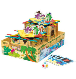 Buntes Piraten-Brettspiel mit Spielfiguren, Karten, Würfel und einem Holzschiff.