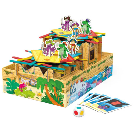 Buntes Piraten-Brettspiel mit Spielfiguren, Karten, Würfel und einem Holzschiff.