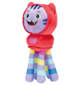 Plüschfigur mit lächelndem Katzen-Gesicht, rotem Kapuzenumhang und vier gestreiften Pastellbeinen.