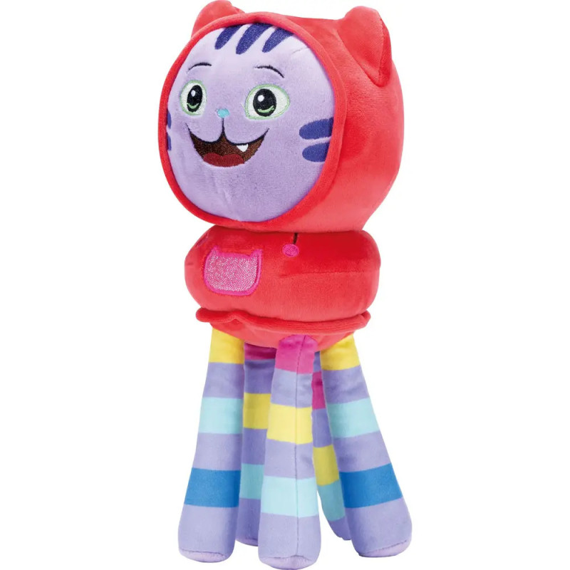 Plüschfigur mit lächelndem Katzen-Gesicht, rotem Kapuzenumhang und vier gestreiften Pastellbeinen.