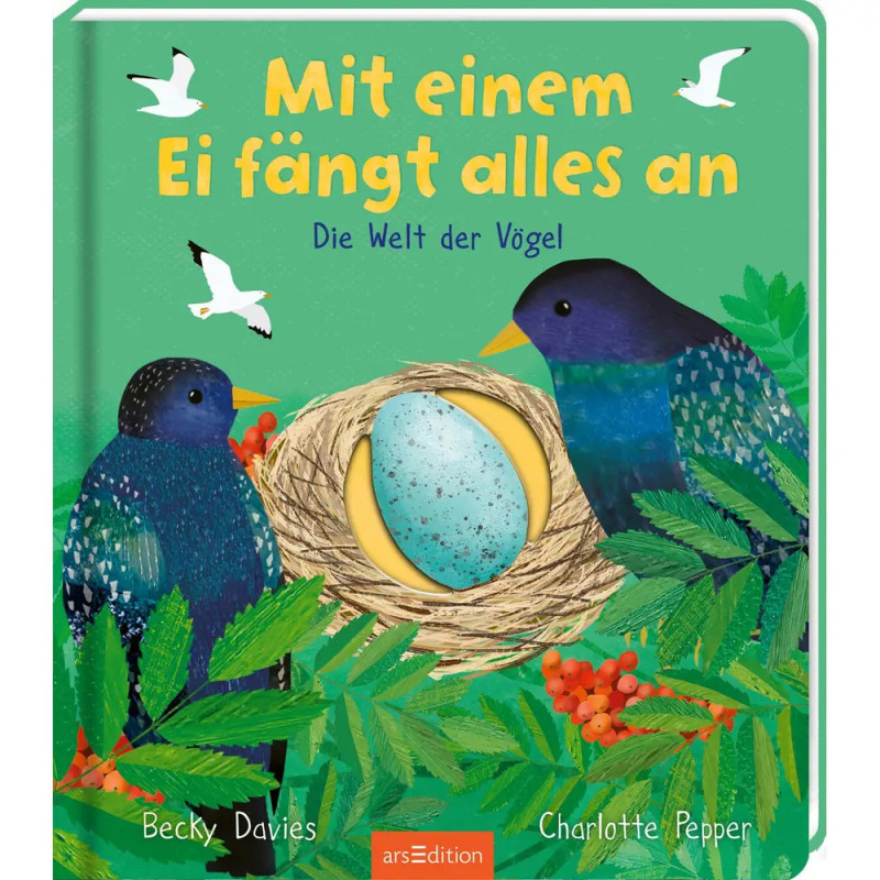 Buntes Buchcover mit zwei Vögeln, einem Nest mit blauem Ei, Blättern, Beeren und fliegenden weißen Vögeln. Buntes Buchcover mit zwei Vögeln, einem Nest mit blauem Ei, Blättern, Beeren und fliegenden weißen Vögeln.
