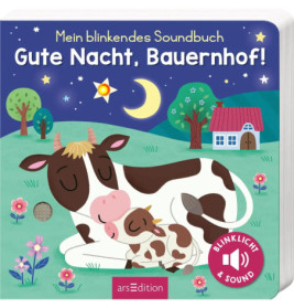 Buchcover mit schlafenden Kühen auf einer Wiese, einem Bauernhaus, Bäumen und nächtlichem Sternenhimmel mit Mond.