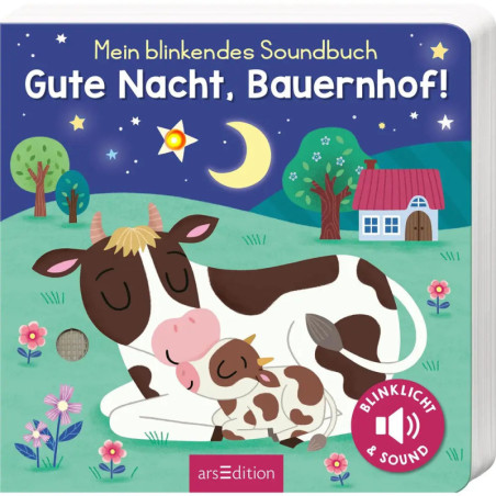 Buchcover mit schlafenden Kühen auf einer Wiese, einem Bauernhaus, Bäumen und nächtlichem Sternenhimmel mit Mond.