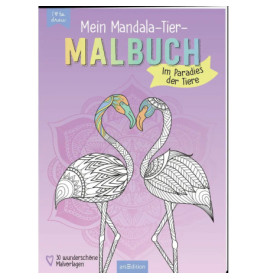 Malbuchcover mit zwei mandalaähnlichen Flamingos, die sich auf pastellfarbenem Hintergrund gegenüberstehen.