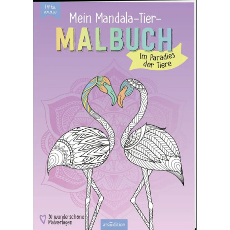Malbuchcover mit zwei mandalaähnlichen Flamingos, die sich auf pastellfarbenem Hintergrund gegenüberstehen.