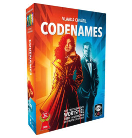 Codenames-Spielbox mit gezeichnetem Mann und Frau im Anzug, rotem und blauem Hintergrund, deutscher Aufschrift.