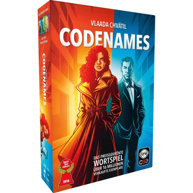 Codenames-Spielbox mit gezeichnetem Mann und Frau im Anzug, rotem und blauem Hintergrund, deutscher Aufschrift. Codenames-Spielbox mit gezeichnetem Mann und Frau im Anzug, rotem und blauem Hintergrund, deutscher Aufschrift.