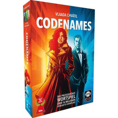 Codenames-Spielbox mit gezeichnetem Mann und Frau im Anzug, rotem und blauem Hintergrund, deutscher Aufschrift.