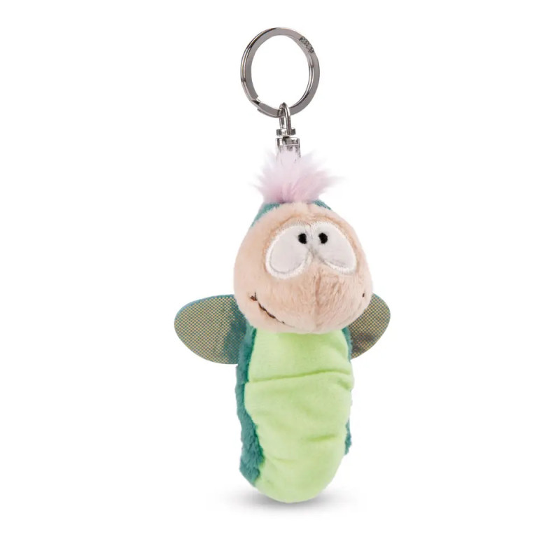 Plüsch-Raupen-Schlüsselanhänger mit großen Augen, grünem Körper, kleinen Flügeln und flauschigem Schopf am Kopf.