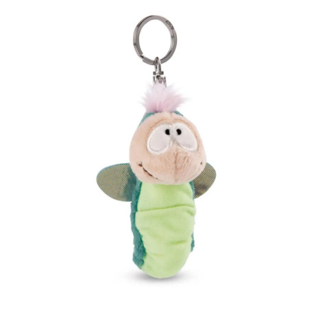 Plüsch-Raupen-Schlüsselanhänger mit großen Augen, grünem Körper, kleinen Flügeln und flauschigem Schopf am Kopf.