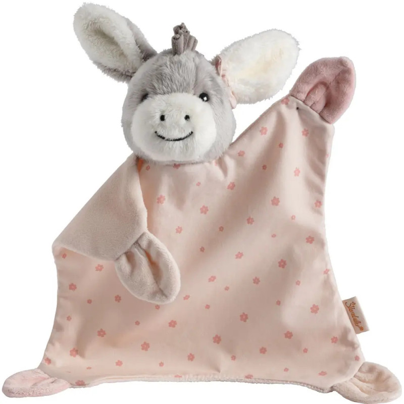 Plüsch-Esel-Schnuffeltuch mit rosa Blumen-Decke sowie weichen grauen und rosa Ohren, Armen und Füßen. Plüsch-Esel-Schnuffeltuch mit rosa Blumen-Decke sowie weichen grauen und rosa Ohren, Armen und Füßen.