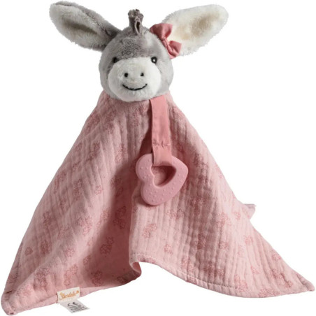 Rosa Babydecke mit Plüscheselkopf, der ein pinkes, herzförmiges Beißspielzeug hält.