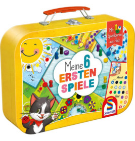 Gelber Koffer mit Meine 6 ersten Spiele, bunten Spielgrafiken, Katzenillustration und Schmidt-Logo.