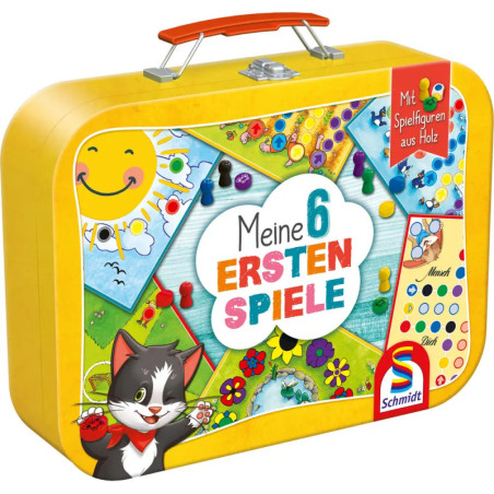 Gelber Koffer mit Meine 6 ersten Spiele, bunten Spielgrafiken, Katzenillustration und Schmidt-Logo.