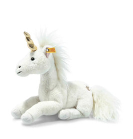 Weißes Plüsch-Einhorn mit goldenem Horn und flauschiger Mähne, liegt auf dem Bauch.