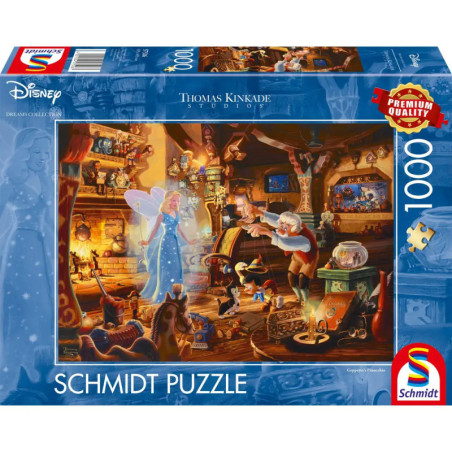 Schmidt Puzzle mit 1000 Teilen: Pinocchio, Geppetto und die Blaue Fee in einer gemütlichen Werkstatt.