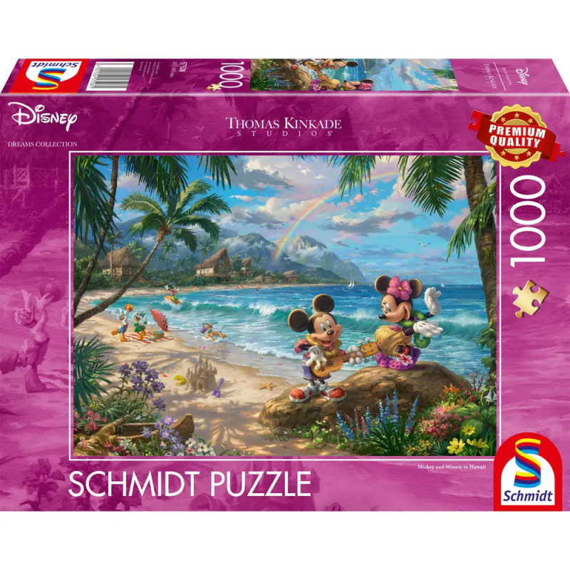 Disney Schmidt Puzzle, 1000 Teile, lila Verpackung: Mickey und Minnie Mouse am tropischen Strand.