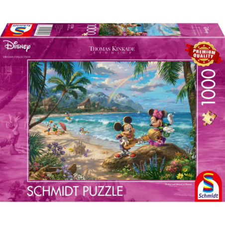 Disney Schmidt Puzzle, 1000 Teile, lila Verpackung: Mickey und Minnie Mouse am tropischen Strand.