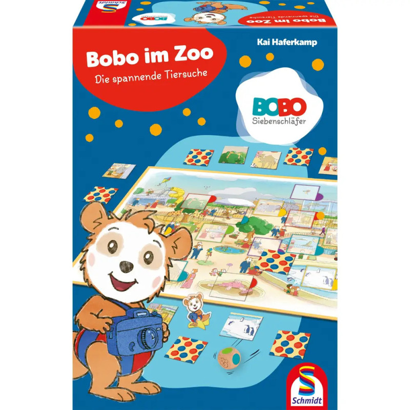 Spielcover von Bobo im Zoo mit Comicfigur Bobo, der eine Kamera hält, im Hintergrund ein Zooplan.