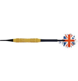 Ein Dart mit goldenem Barrel und einem Flight, der das Union-Jack-Muster trägt.