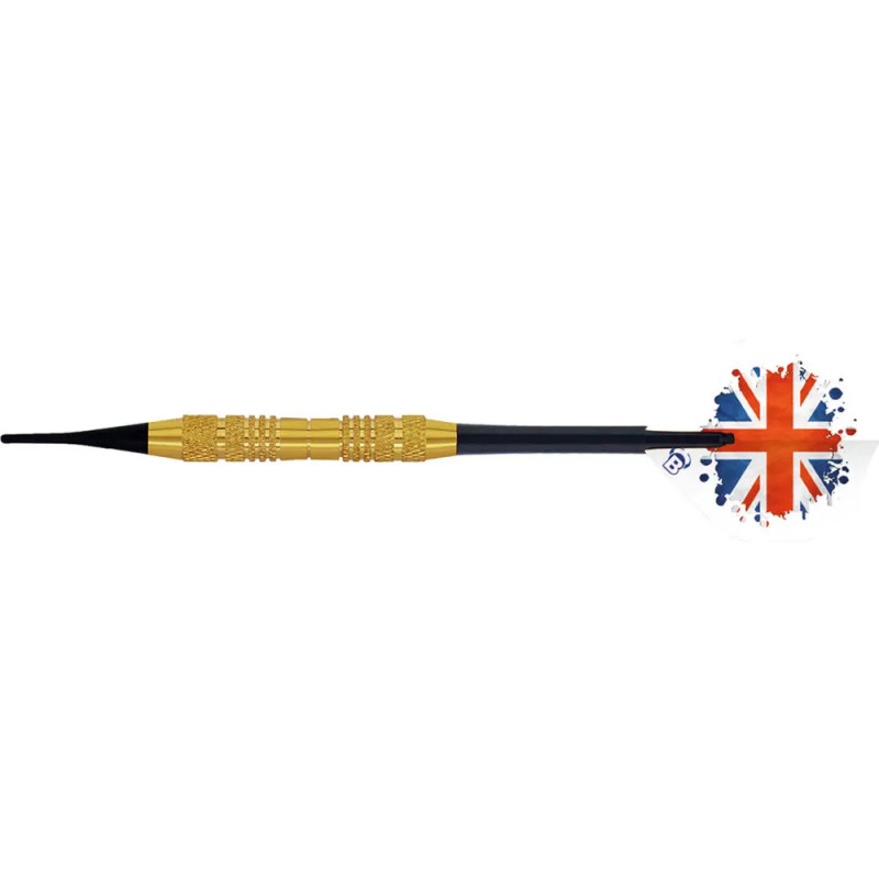 Ein Dart mit goldenem Barrel und einem Flight, der das Union-Jack-Muster trägt.