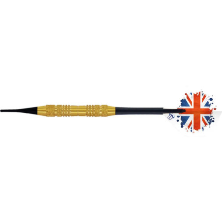 Ein Dart mit goldenem Barrel und einem Flight, der das Union-Jack-Muster trägt.