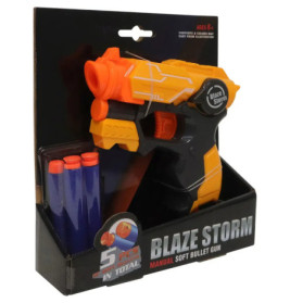 Spielzeug-Dartblaster mit orange-gelben Details in Verpackung, incl. 3 Schaumstoffpfeilen, Blaze Storm beschriftet.