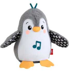 Kuscheliger Pinguin mit Musiknote am Bauch, orangefarbenen Füßen und ausgebreiteten Flügeln.