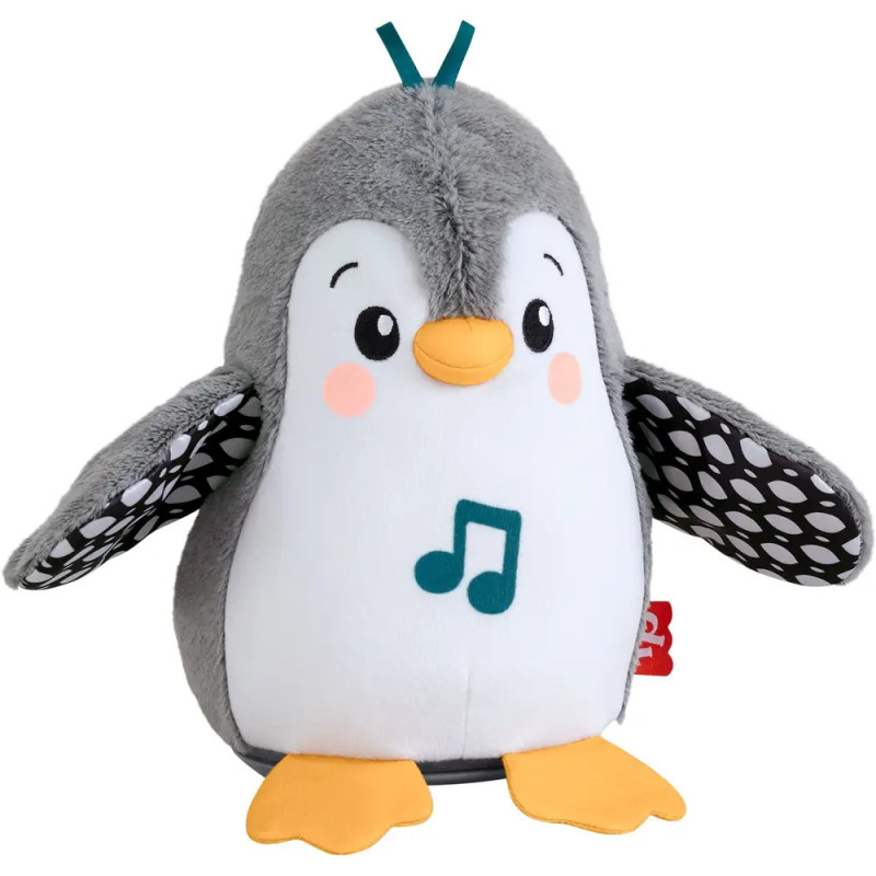 Kuscheliger Pinguin mit Musiknote am Bauch, orangefarbenen Füßen und ausgebreiteten Flügeln. Kuscheliger Pinguin mit Musiknote am Bauch, orangefarbenen Füßen und ausgebreiteten Flügeln.