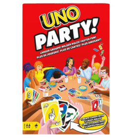 UNO-Partyspielbox mit diversen Menschen, die am Tisch UNO-Karten spielen und gemeinsam lachen.