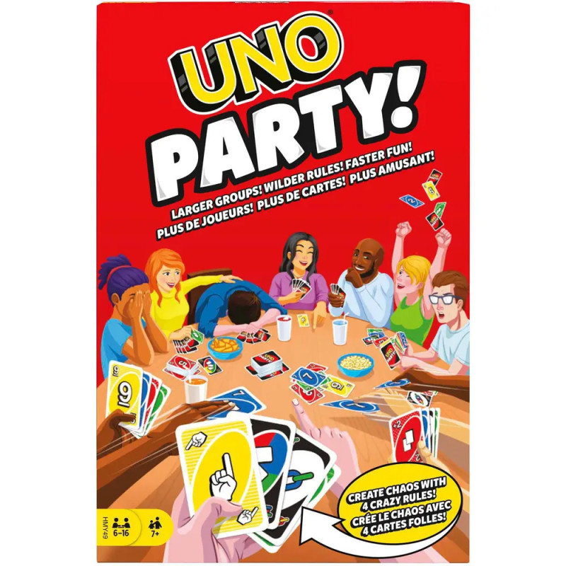 UNO-Partyspielbox mit diversen Menschen, die am Tisch UNO-Karten spielen und gemeinsam lachen.
