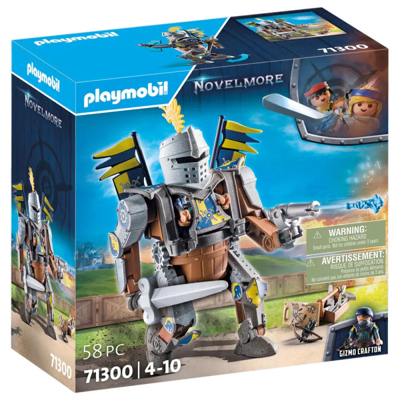 Playmobil Novelmore-Box mit Ritterroboterfigur und zwei Figuren in einer Flugmaschine.