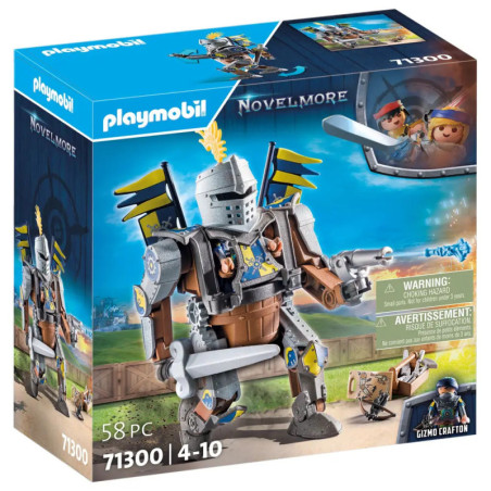 Playmobil Novelmore-Box mit Ritterroboterfigur und zwei Figuren in einer Flugmaschine.