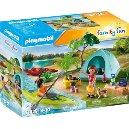 Playmobil Family Fun Camping-Set mit Figuren, Zelt, Kajak, Lagerfeuer und Hund am See im Karton.