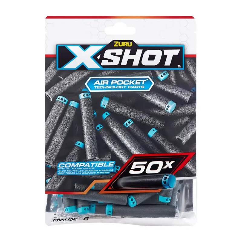 Packung mit 50 Zuru X-Shot Air Pocket Schaumstoffdarts mit blauen Spitzen, sichtbar durch ein Sichtfenster.