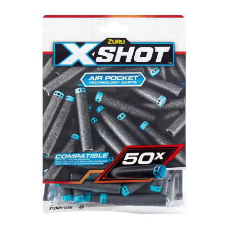 Packung mit 50 Zuru X-Shot Air Pocket Schaumstoffdarts mit blauen Spitzen, sichtbar durch ein Sichtfenster.