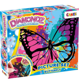 Diamondz Crystal Painting Set mit Schmetterlingsmotiv und funkelnden Diamant-Details in bunter Verpackung.