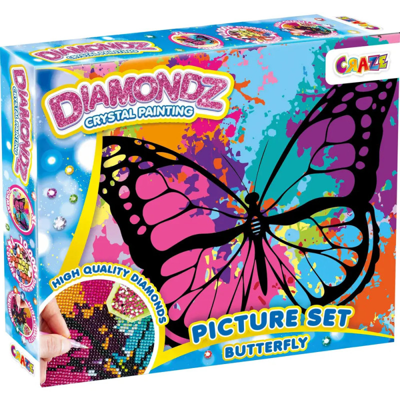 Diamondz Crystal Painting Set mit Schmetterlingsmotiv und funkelnden Diamant-Details in bunter Verpackung.