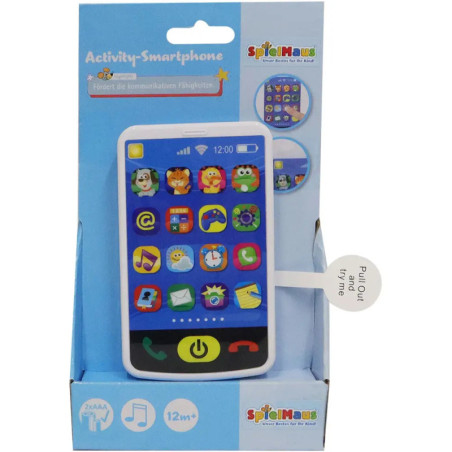 Spielzeug-Smartphone in blauer Verpackung mit Cartoon-App-Icons, geeignet ab 12 Monaten, als Activity-Smartphone gekennzeichnet.