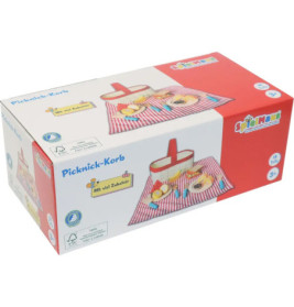 Spielzeug-Picknickset in Box: Korb, Speisen und rotkariertes Tuch, beschriftet mit Picknick-Korb.