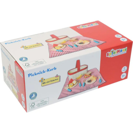 Spielzeug-Picknickset in Box: Korb, Speisen und rotkariertes Tuch, beschriftet mit Picknick-Korb.