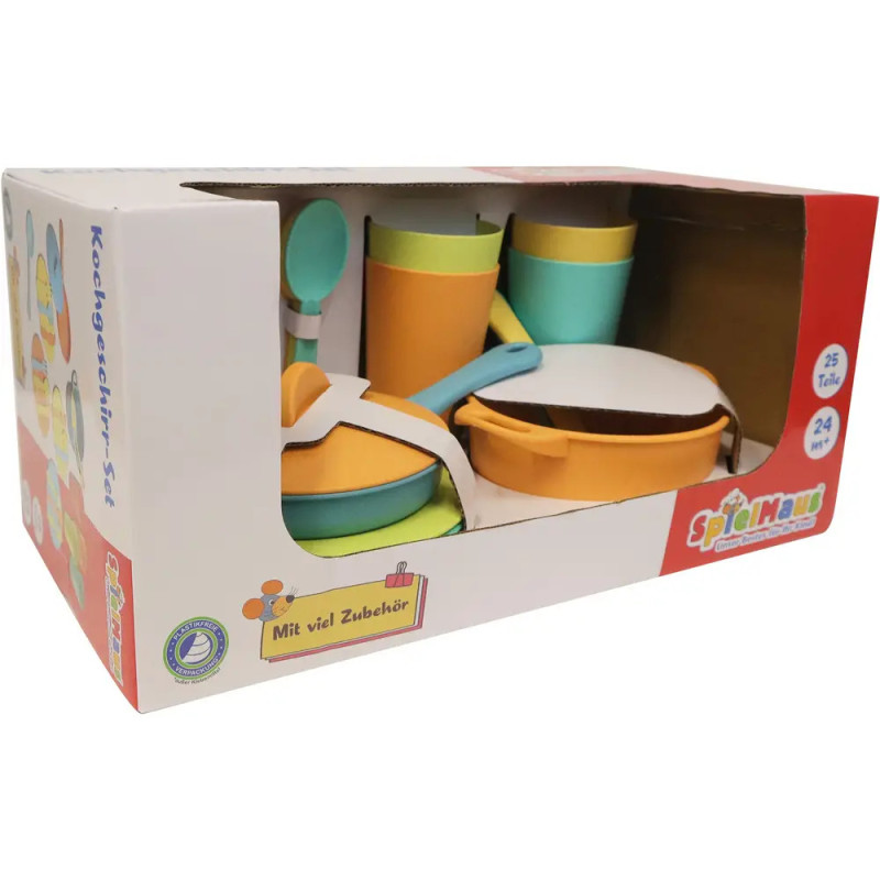 Spielküchenset in Box mit bunten Töpfen, Pfannen, Bechern und Besteck, sichtbar durch das Sichtfenster der Verpackung.