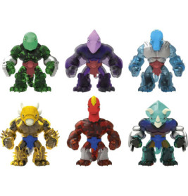 Sechs bunte, humanoide Spielfiguren mit tierähnlichen Köpfen stehen in zwei Reihen auf weißem Hintergrund.