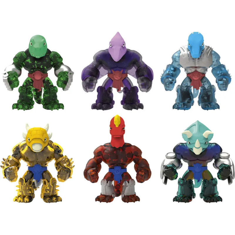 Sechs bunte, humanoide Spielfiguren mit tierähnlichen Köpfen stehen in zwei Reihen auf weißem Hintergrund.