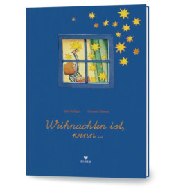 Blauer Buchumschlag: Ein Kind blickt aus dem Fenster auf fallende gelbe Sterne deutscher Text auf dem Cover.