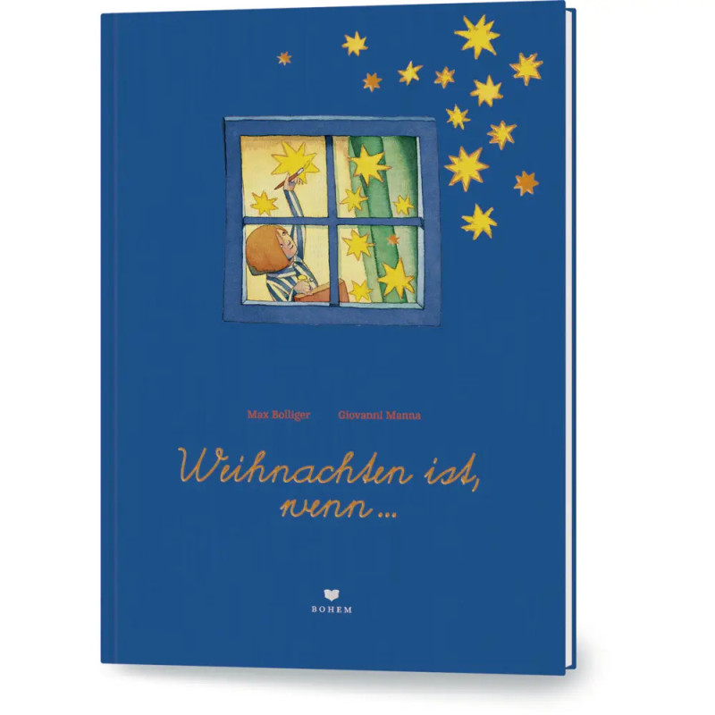 Blauer Buchumschlag: Ein Kind blickt aus dem Fenster auf fallende gelbe Sterne deutscher Text auf dem Cover.
