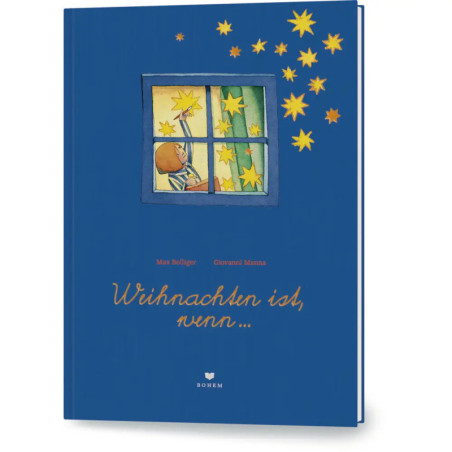 Blauer Buchumschlag: Ein Kind blickt aus dem Fenster auf fallende gelbe Sterne deutscher Text auf dem Cover.