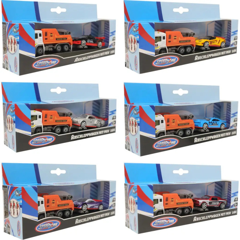Vier Spielzeugauto-Sets mit je einem orangefarbenen Abschleppwagen und verschiedenen Sportwagen in Boxen.