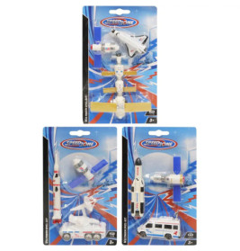 Drei Spielzeug-Weltraumforschungssets mit Raumschiffen, Fahrzeugen und Astronautenfiguren in Verpackung.