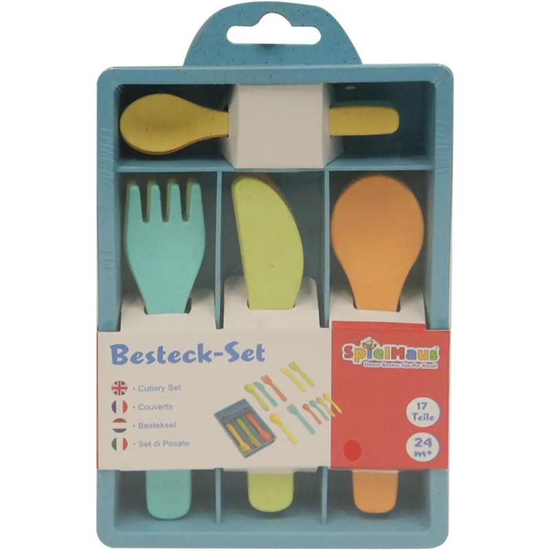 Spielzeug-Besteckset mit bunten Utensilien in blauer Plastikbox, beschriftet mit Besteck-Set und SpielMaus.